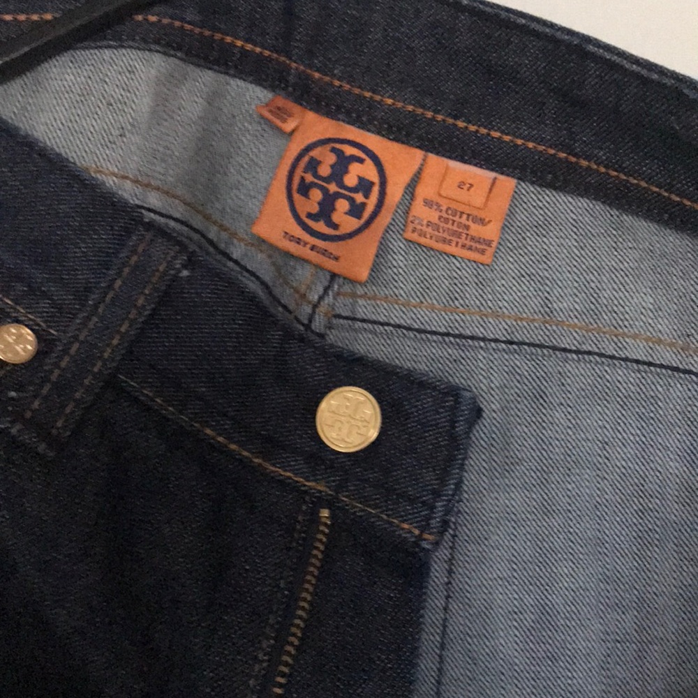 Tory Burch dark wash mid rise skinny jeans